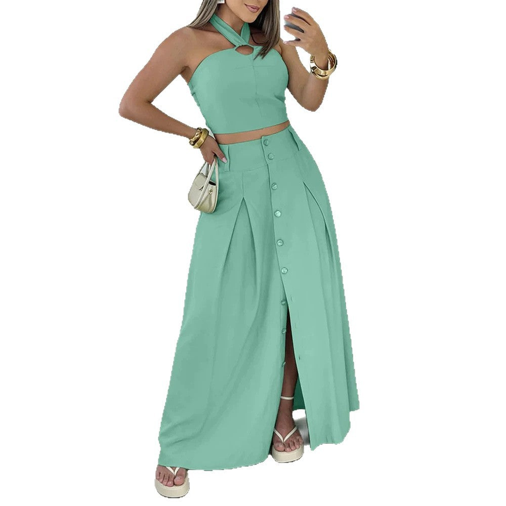Dame elegant crop top og maxiskørt sæt med knaplukning og slids Skovae