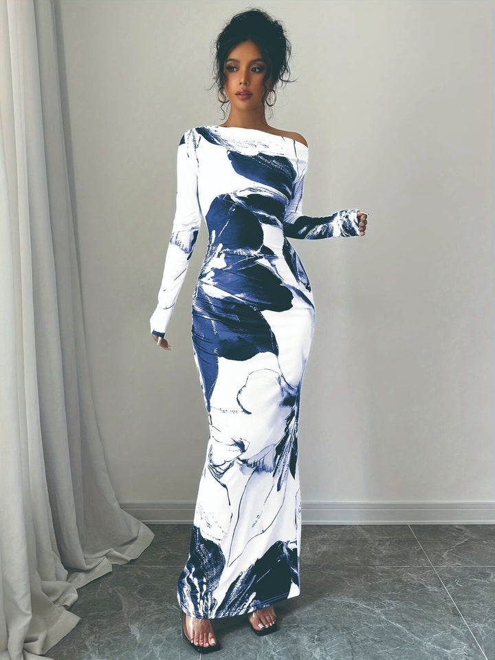 Dame Elegant Off-Shoulder Maxikjole med kunstnerisk blomsterdesign Stilla