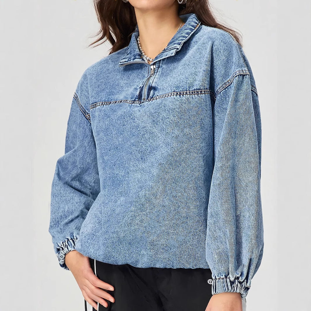 Kvinders løse denimpullover med opretstående krave og lynlås Stilla