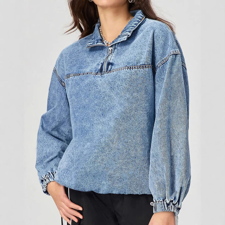 Kvinders løse denimpullover med opretstående krave og lynlås Stilla
