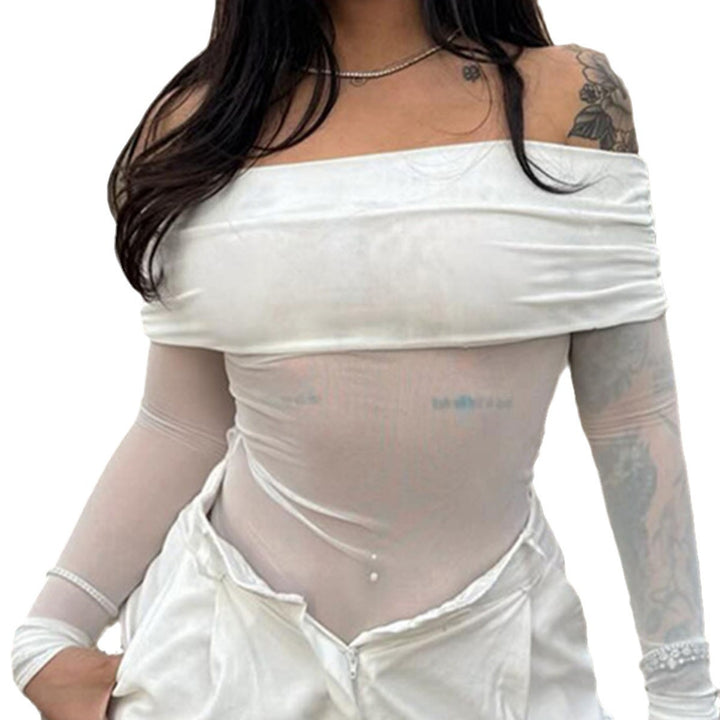 Dame Off-Shoulder Langærmet Bodystocking med transparente accenter Skovae