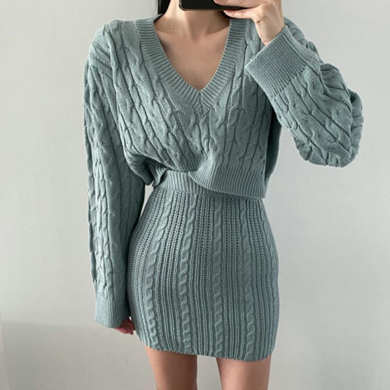 Dame V-hals Kabelstriktrøje og Bodycon Skørt Sæt Stilla