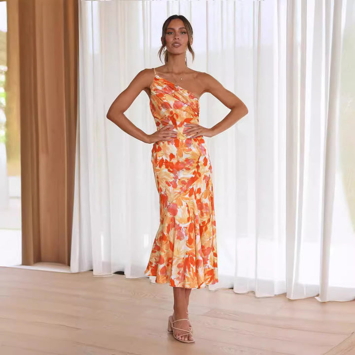 Dame elegant blomster-midi-kjole med asymmetrisk udskæring Stilla