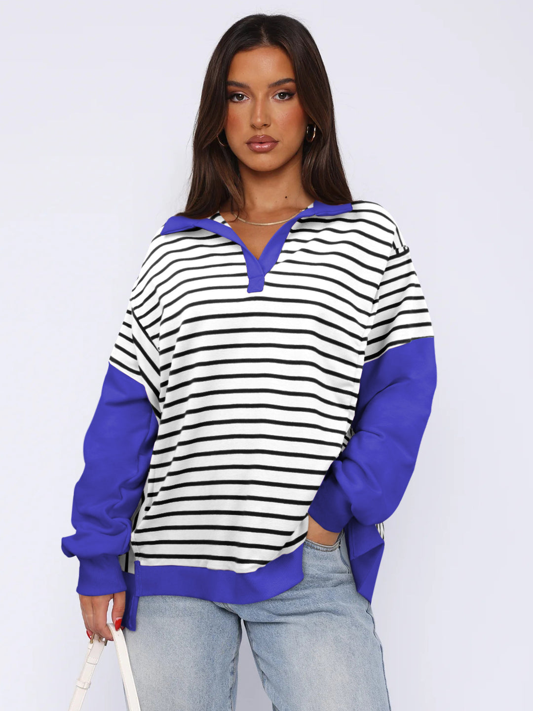 Damer Løs Sweatshirt med brede striber og moderne krave Stilla
