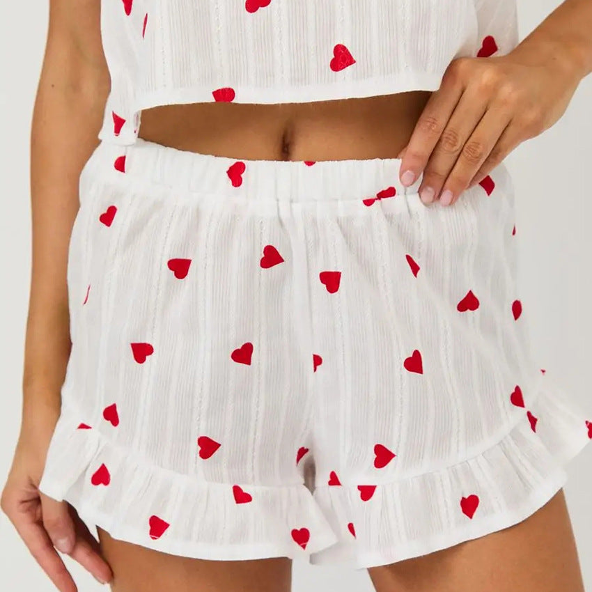 Dame Cropped Top og Shorts Sæt med Hjerte Motiver og Rynke Detaljer Stilla