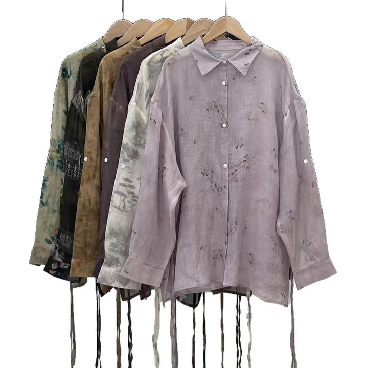 Femme Floral Print Langærmet Linnedskjorte Stilla