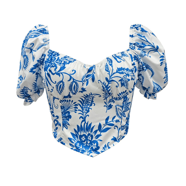 Dame Puffærmet Crop-Top med blomstermotiv og struktureret snit Stilla
