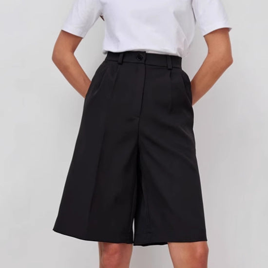 Dame elegante højtaljede shorts med bred ben og stilfuld plissering Stilla