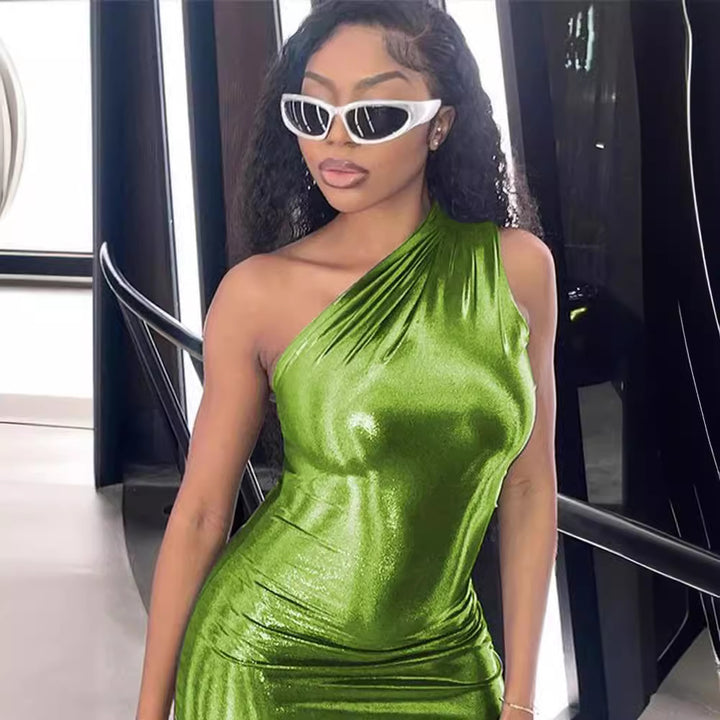 Dame Ein-skulder Metallic Bodycon Kjole Stilla