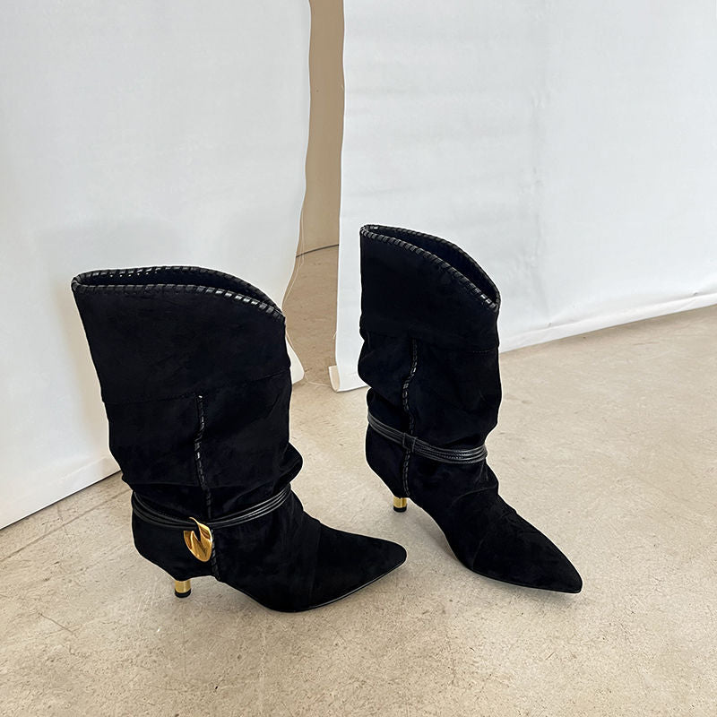 Femme Spidse Tæer Slouch Stiletto Støvler med Metalaccent Stilla