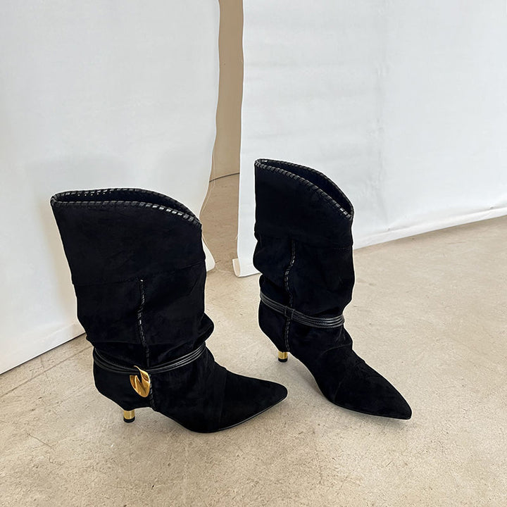 Femme Spidse Tæer Slouch Stiletto Støvler med Metalaccent Stilla