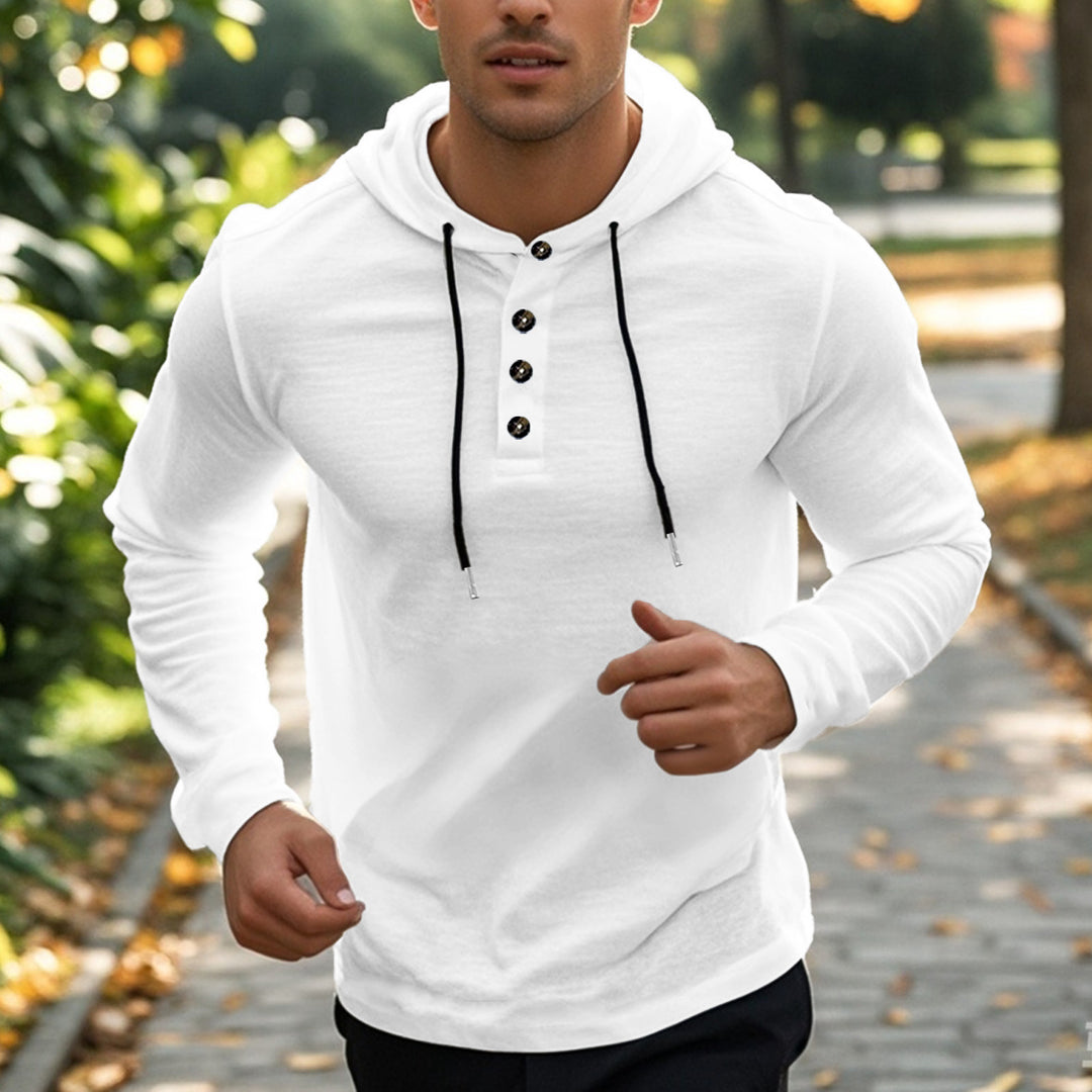 Herrer casual hættepullover i Henley-stil med knaplukning og justerbar snor Skovae