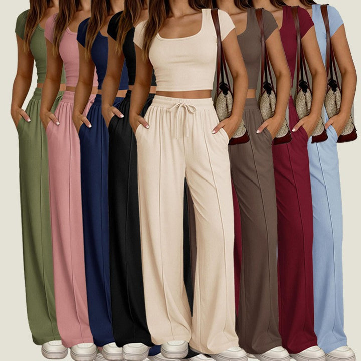 Dame afslappet cropped top og bredt bukse sæt Skovae