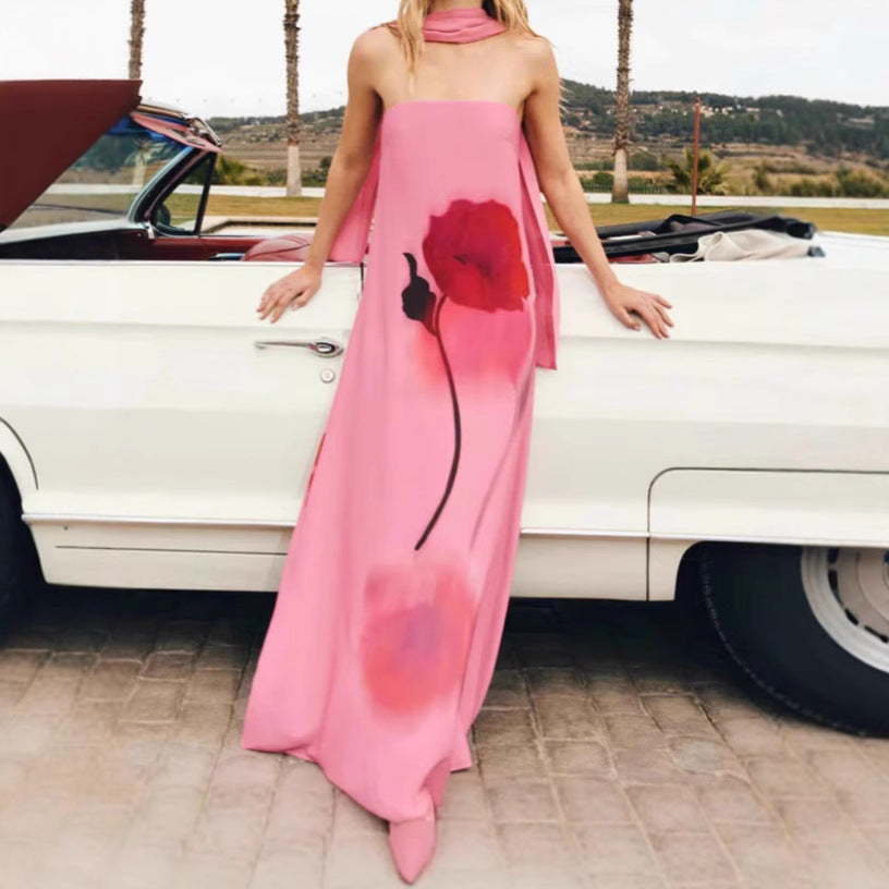 Femme Elegante Strapless Floral Maxi Kjole Stilla