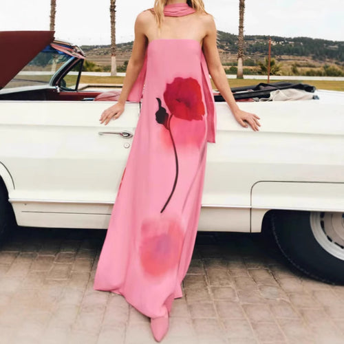 Femme Elegante Strapless Floral Maxi Kjole Stilla
