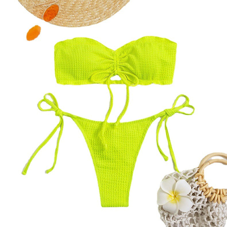 Dame Bikini-sæt med rynket bandeau-top og legesygt knude-design Stilla