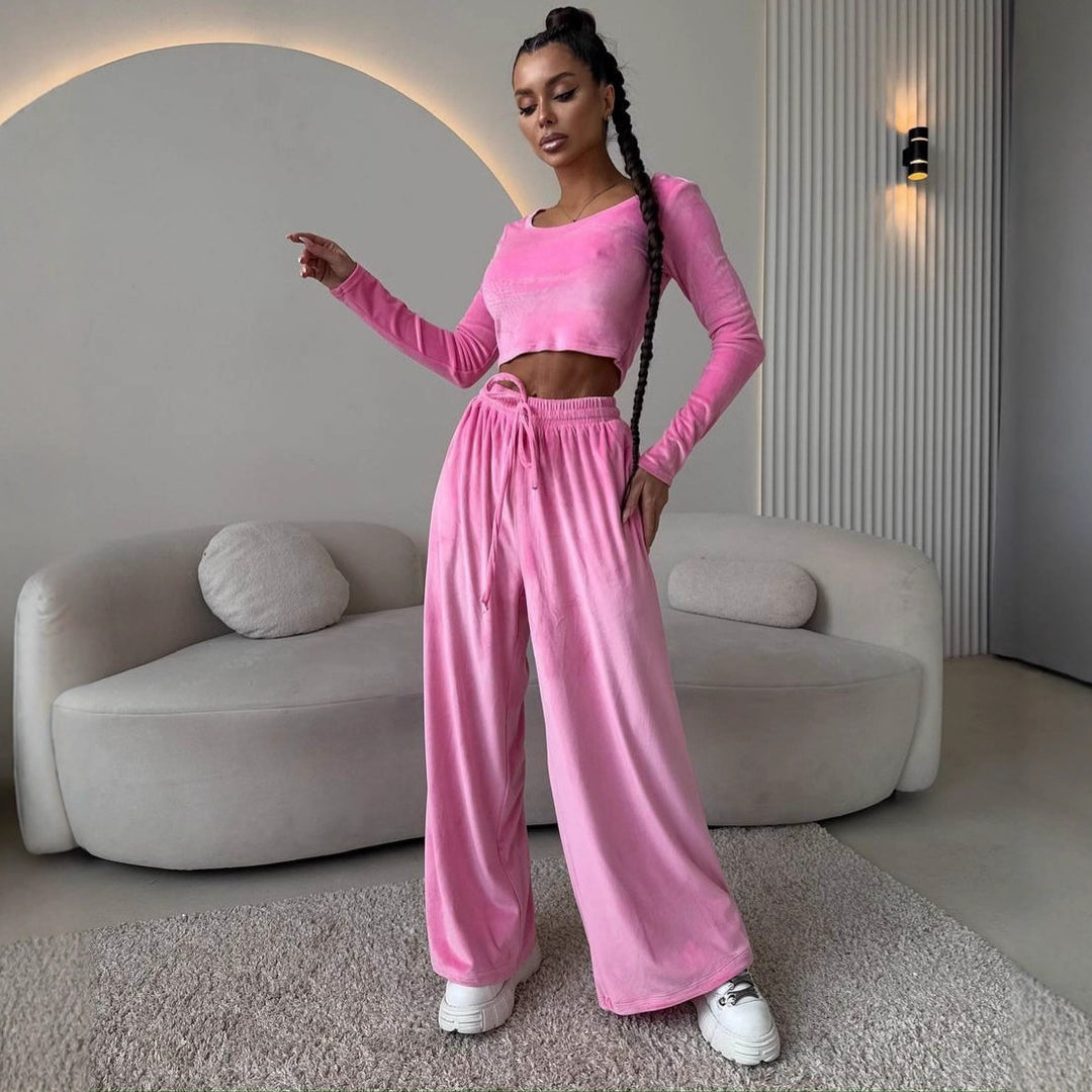 Kvinder Elegant og Komfortabel Lounge Sæt med Crop Top og Bred Ben Bukser Skovae