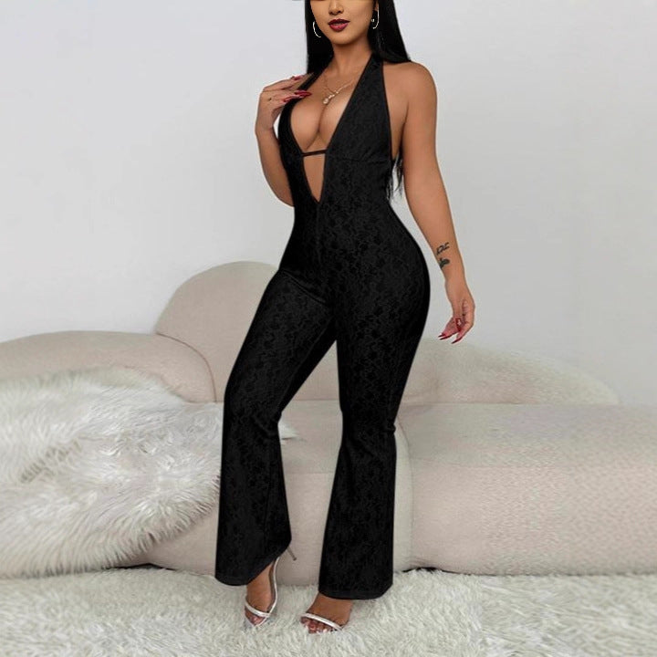 Dame elegant jumpsuit med dyb V-udskæring og spidsedetaljer Skovae