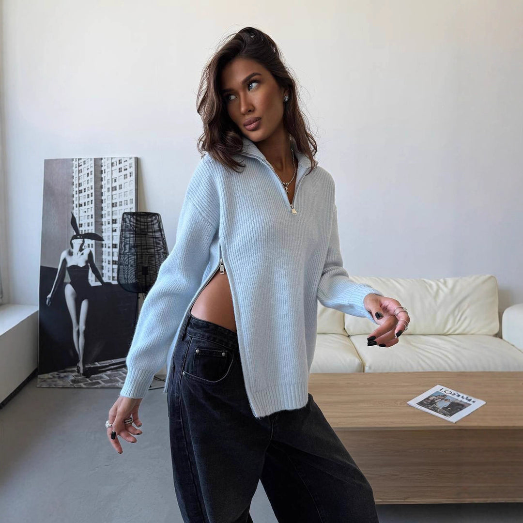 Dame trendy zip sweater med sideslæg og høj krave Stilla