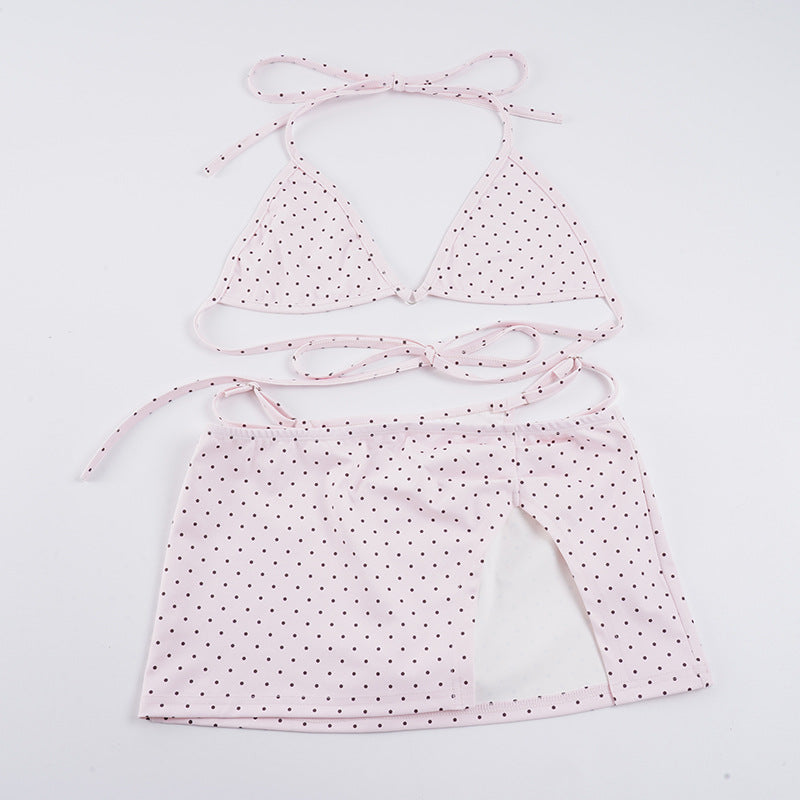 Dame Bikini-sæt med prikket design og legesyg nederdel Skovae