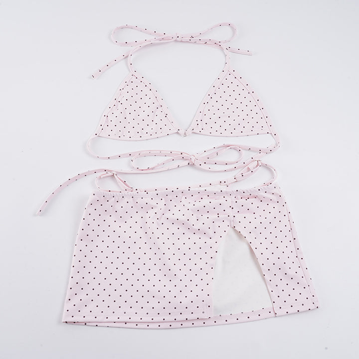 Dame Bikini-sæt med prikket design og legesyg nederdel Skovae