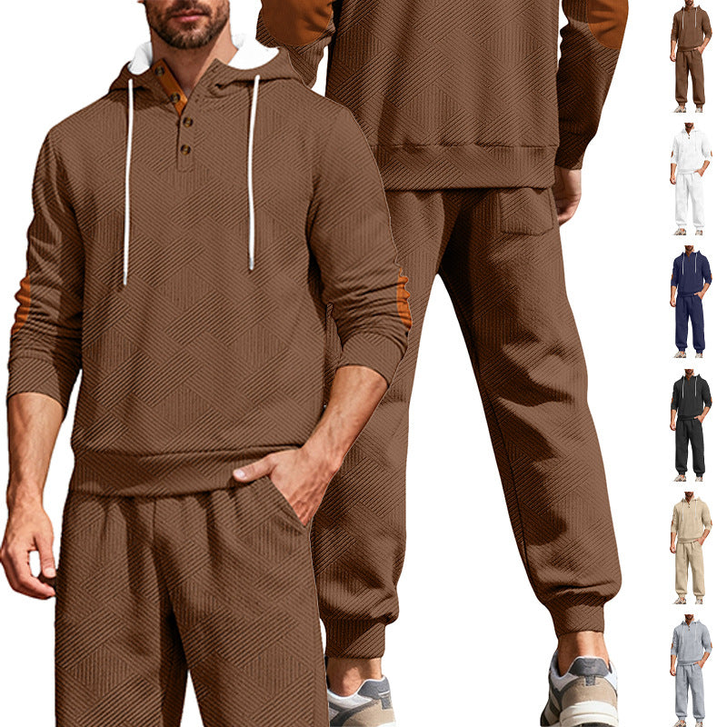 Herre nan struktureret hoodie-jogging sæt med Henley-knapstolpe og kontrast-albue-patches Skovae