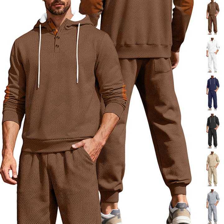 Herre nan struktureret hoodie-jogging sæt med Henley-knapstolpe og kontrast-albue-patches Skovae
