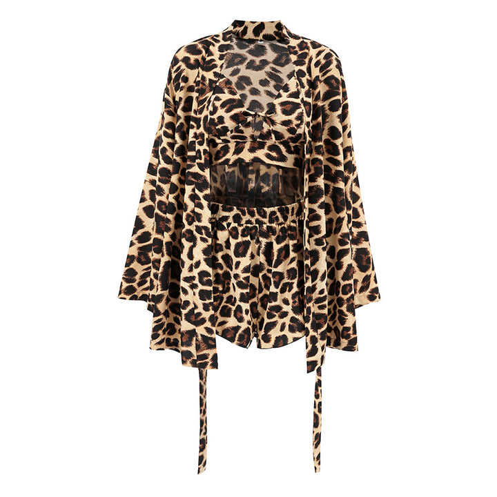 Dame leopardmønster crop-top og nederdel sæt med vide ærmer og cut-out detaljer Stilla