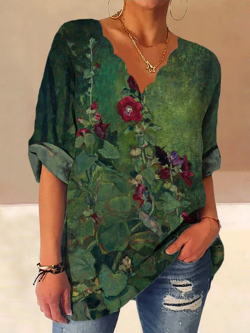 Dame V-hals bluse med kunstnerisk blomsterdesign og løs pasform Stilla