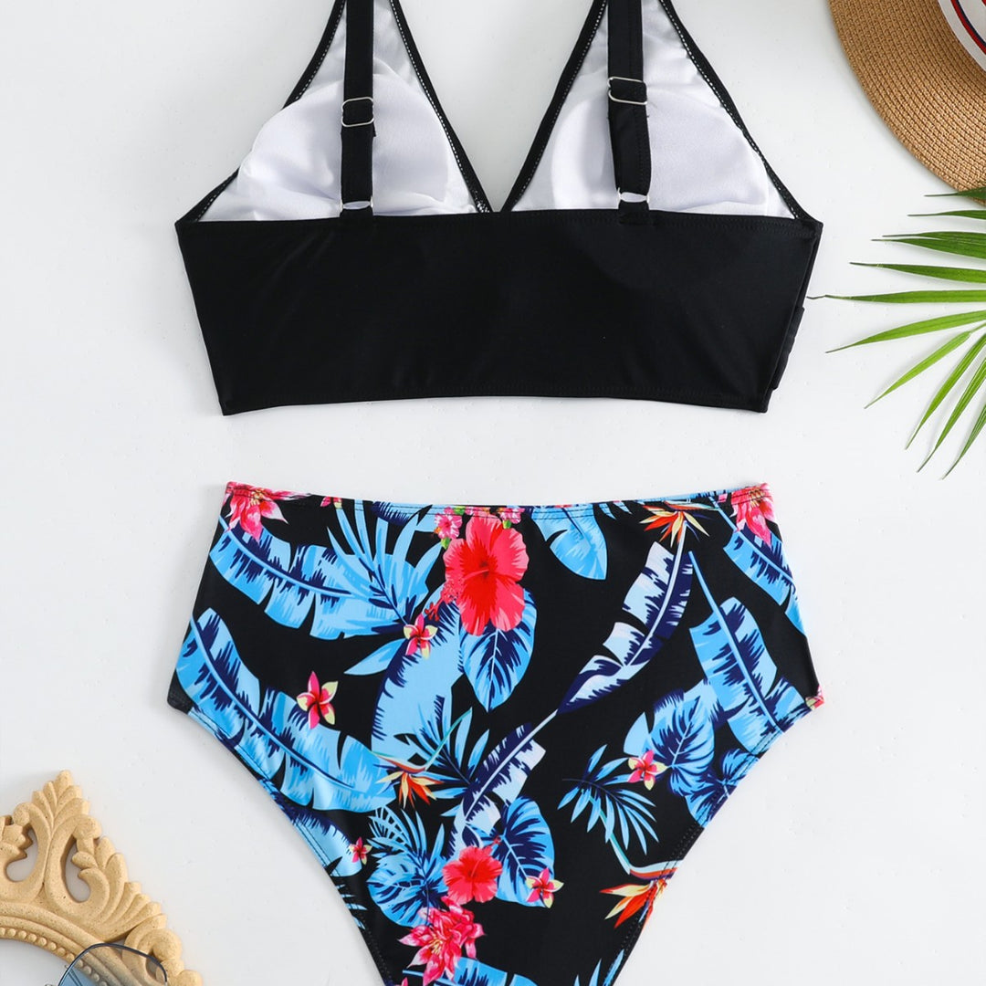 Dame Højtaljet Bikini-Sæt med elegant knudedesign og blomsterprint Stilla