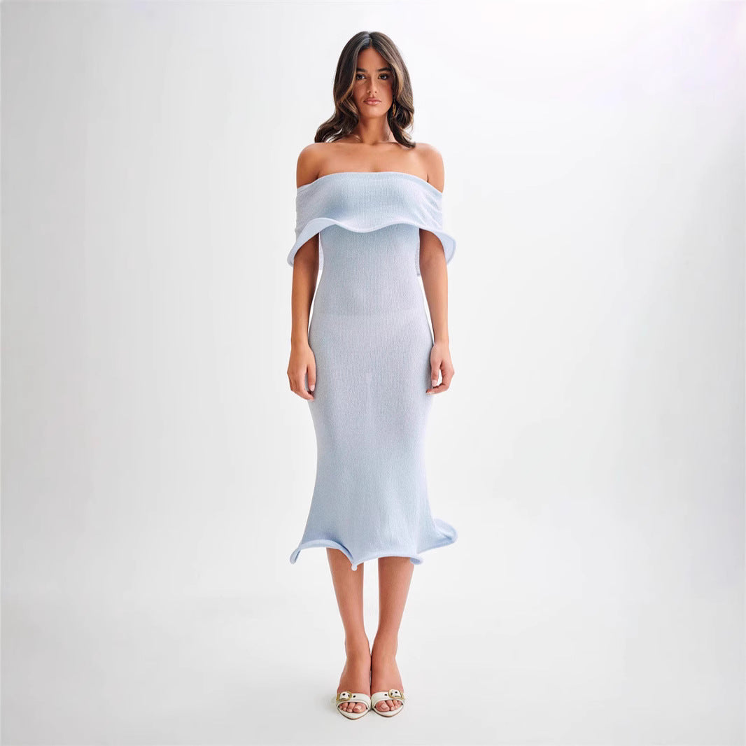 Dame Off-Shoulder Maxikjole med bølgekant og tætsiddende snit Stilla