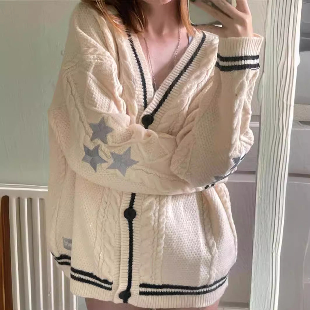 Dame Oversized Kabelstrik Cardigan med Stjernedetalje Stilla
