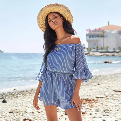 Kvinders off-shoulder sommerkjole med flæseærmer og elastisk talje Stilla