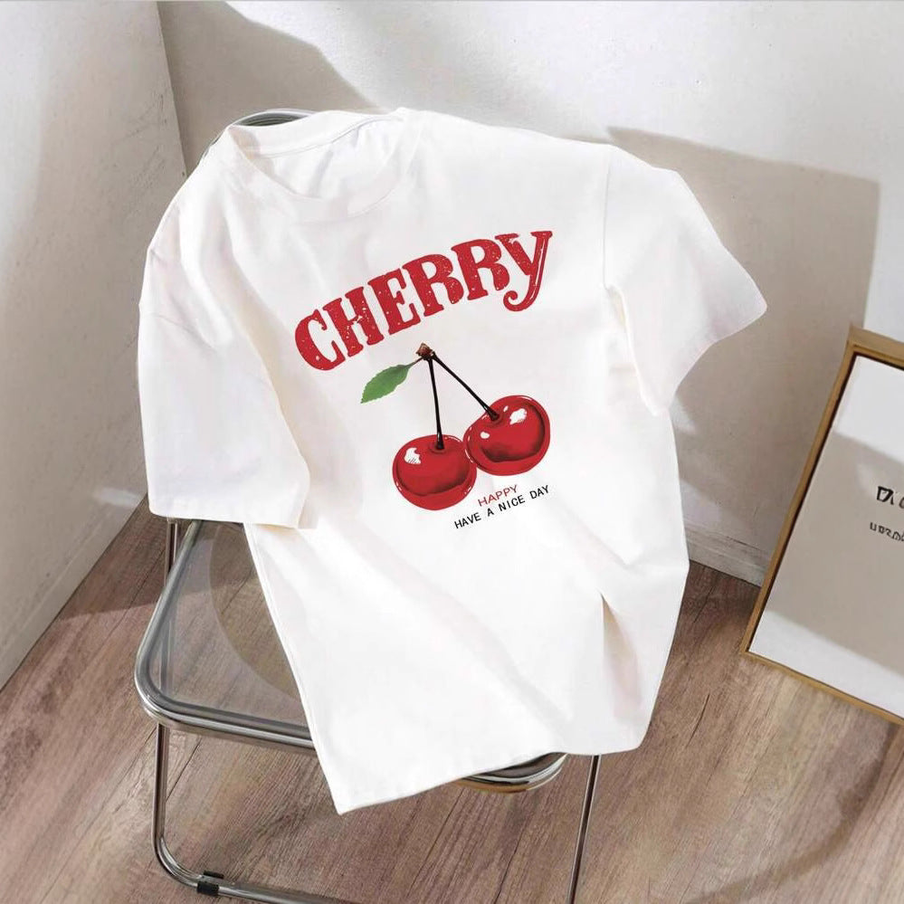 Dame T-shirt med glad kirsebærmotiv og rund halsudskæring Stilla
