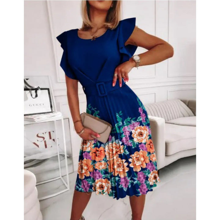 Dame Midi Kjole med folder og floral accent samt figursyet bælte Stilla