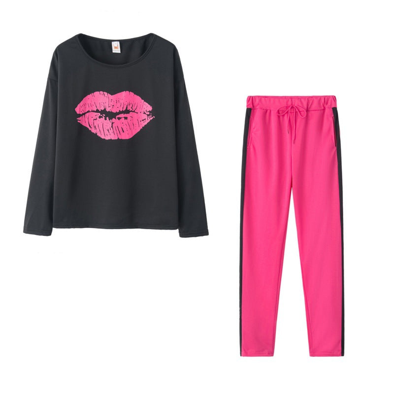 Dame Mode Sweatshirt med Læbe Motiv og Sporty Leggings Stilla