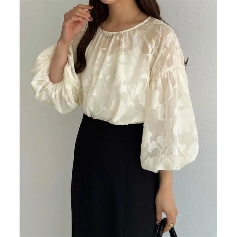 Dame Gennemsigtig Blomster Puffærmer Bluse Stilla