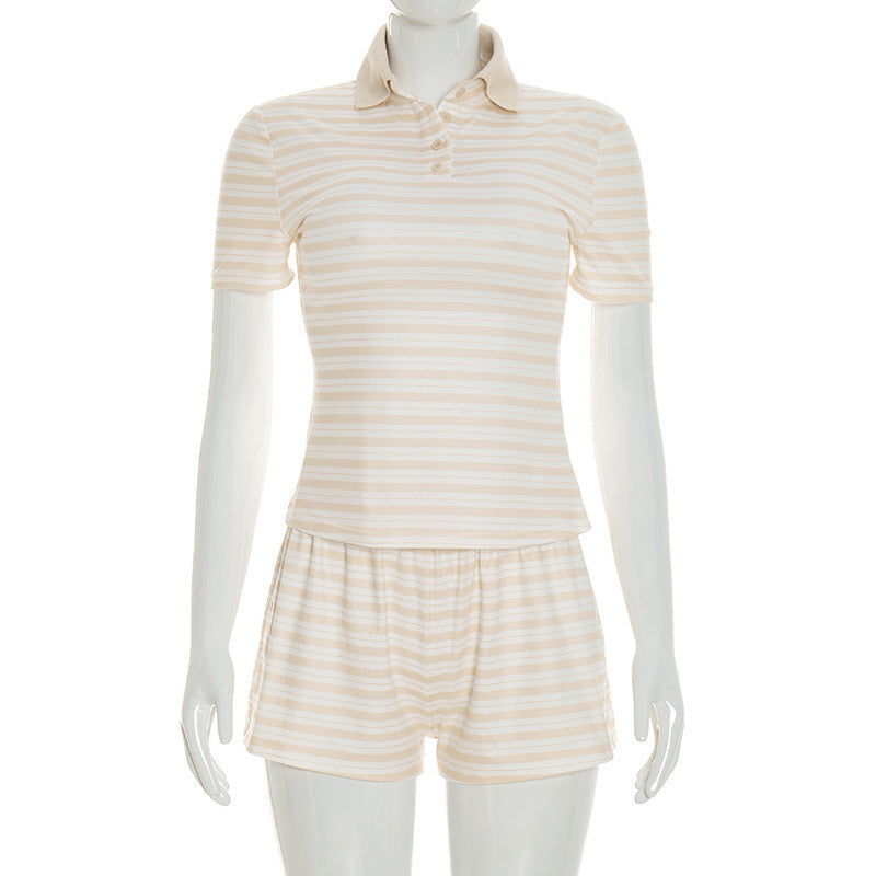 Damen gestreiftes Schlafset mit Poloshirt und Shorts Skovae