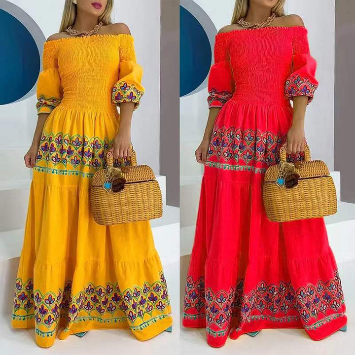 Kvinders Boho Maxi Kjole med Off-the-Shoulder Design og Legendes Broderi Detalje