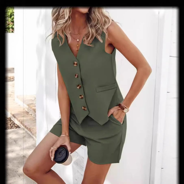 Dame ærmeløs Blazer-sæt med shorts og knaplukning Stilla