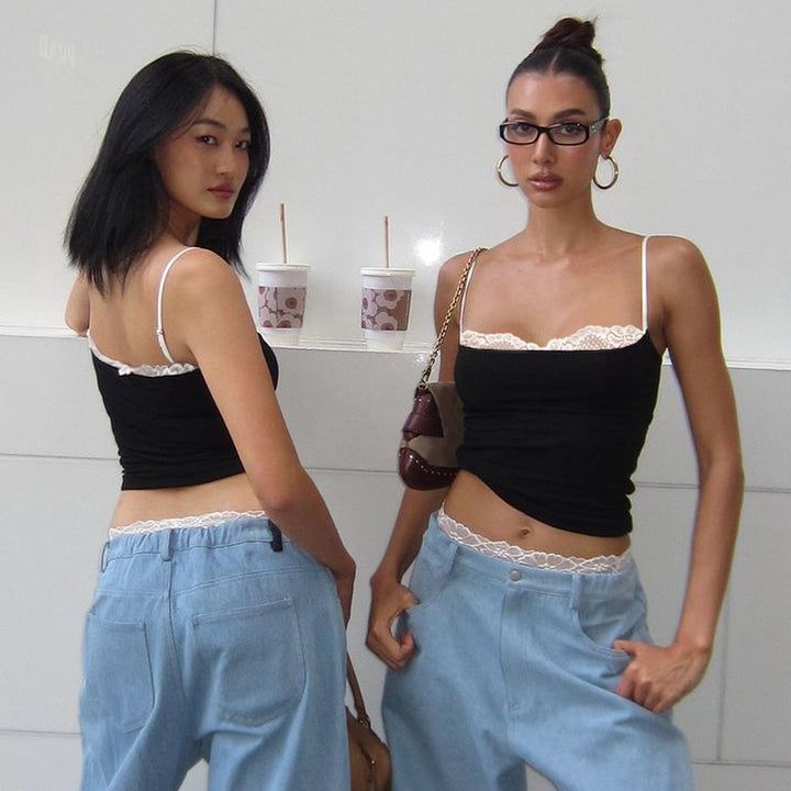 Damer Crop-Top med delikat spidskant og smalle stropper Skovae