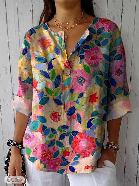 Dame luftig bluse med blomsterprint og knapdetalje Stilla