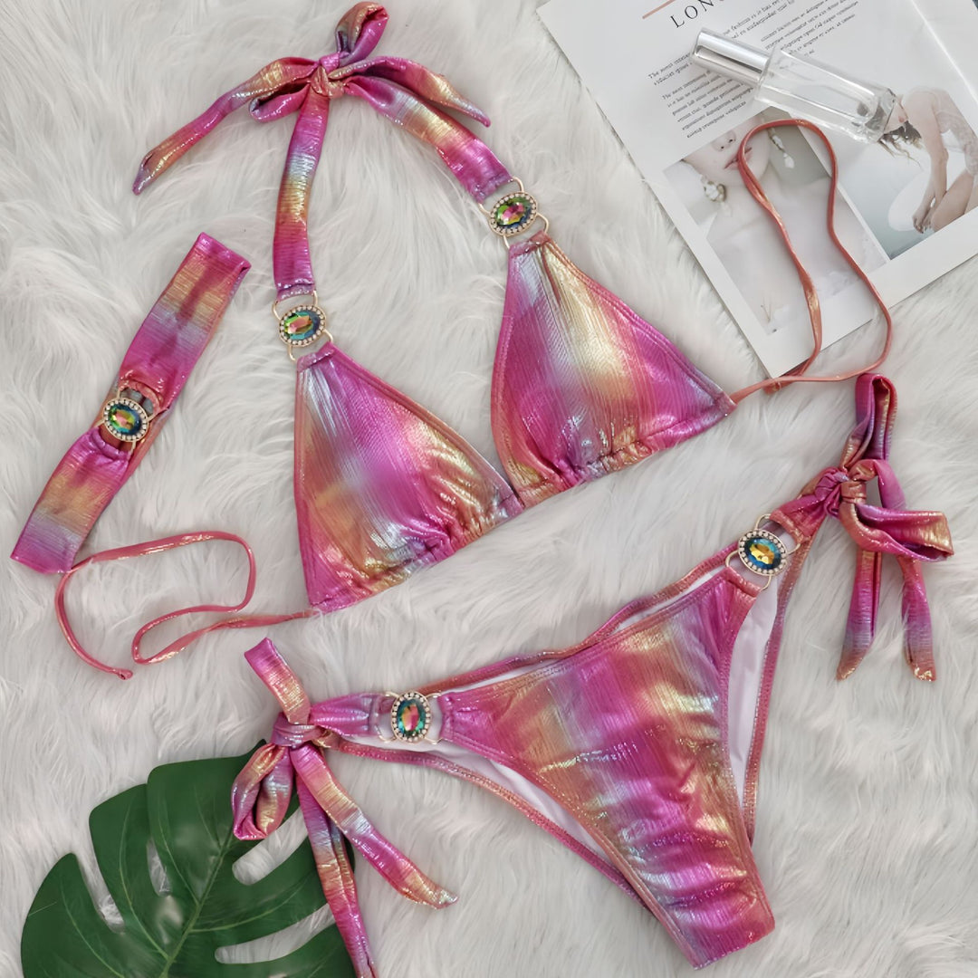Dame Glinsende Slips-Detalje Triangle Bikini Sæt Stilla