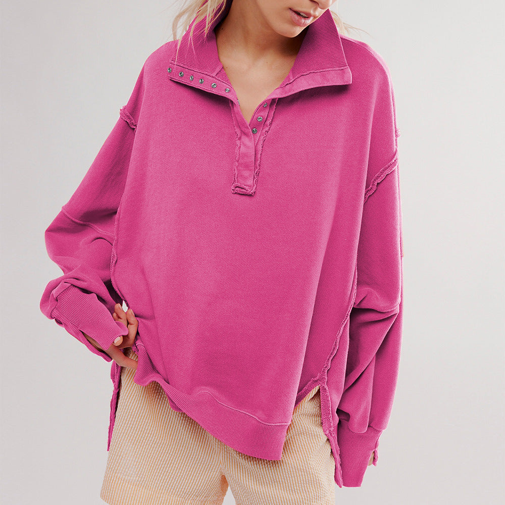 Dame afslappet sweater med trendy krave og knapstand Stilla