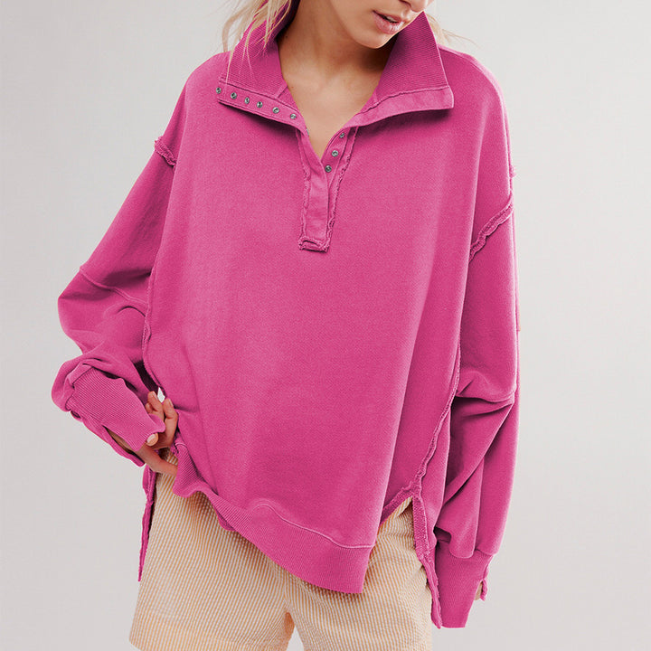 Dame afslappet sweater med trendy krave og knapstand Stilla