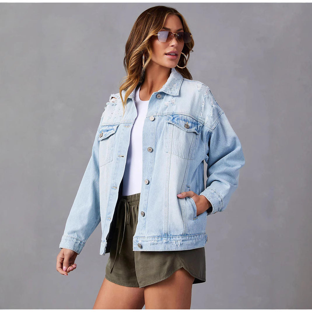 Dame Oversized Denimjakke med Ødelagte Detaljer Stilla