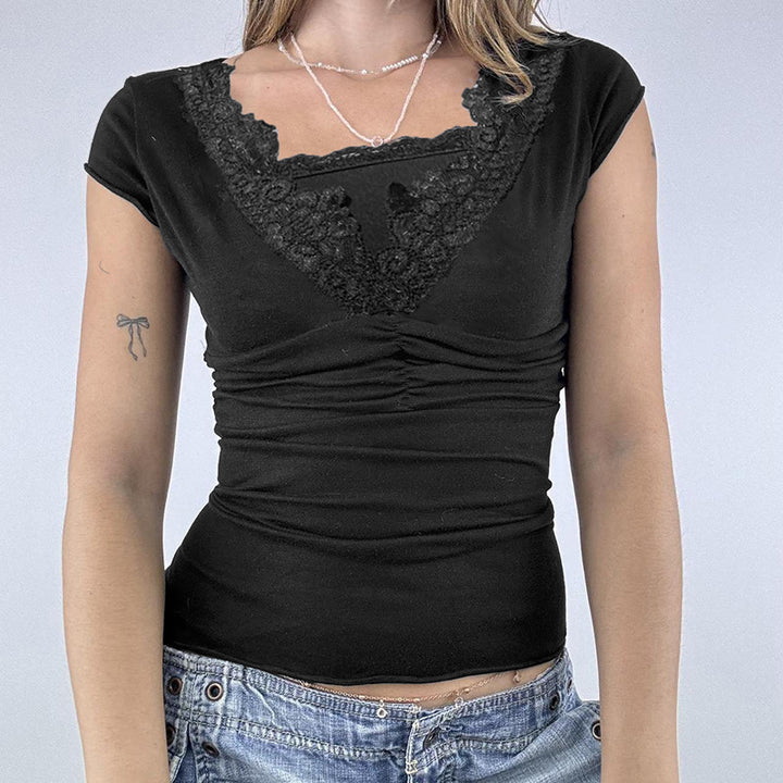 Dame elegant spids top med ruched design og V-hals Skovae