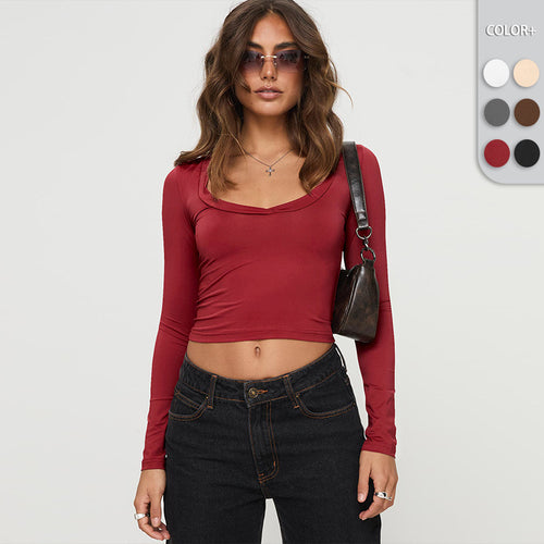 Dame højtaljede cropped top med kvadratisk brystudskæring og lange ærmer Stilla