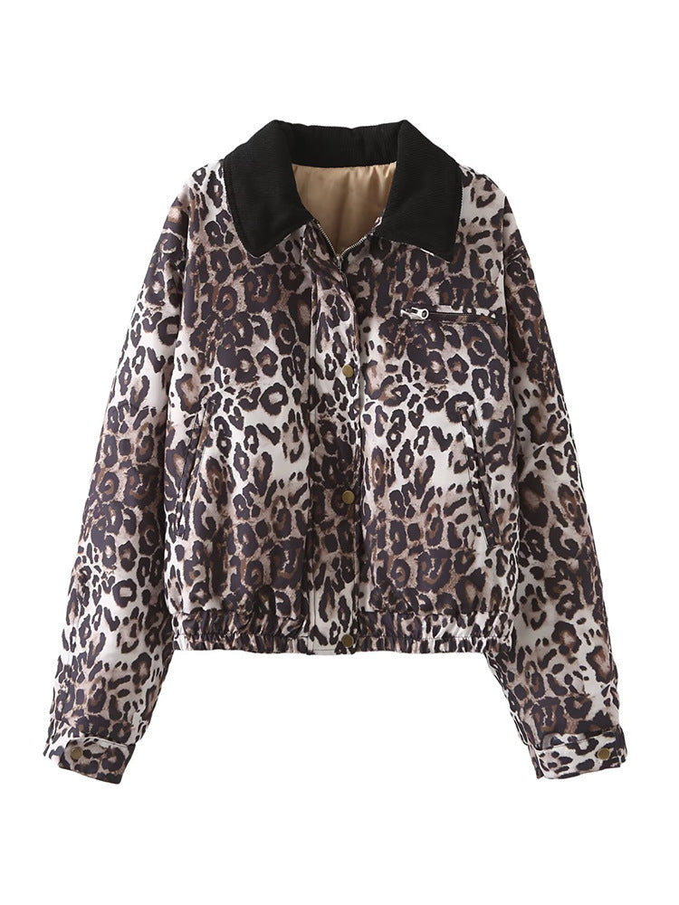 Dame kunstlæderjakke med attraktivt leopardmønster og elastisk talje Stilla