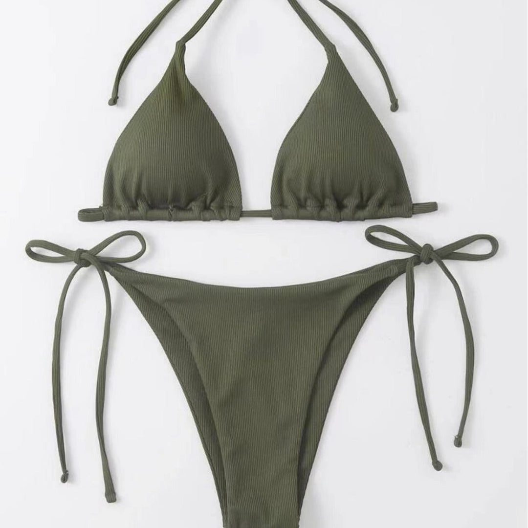 Dame Triangel-Bikini-Sæt med Justerbare Bindebånd og Ribbet Design Skovae